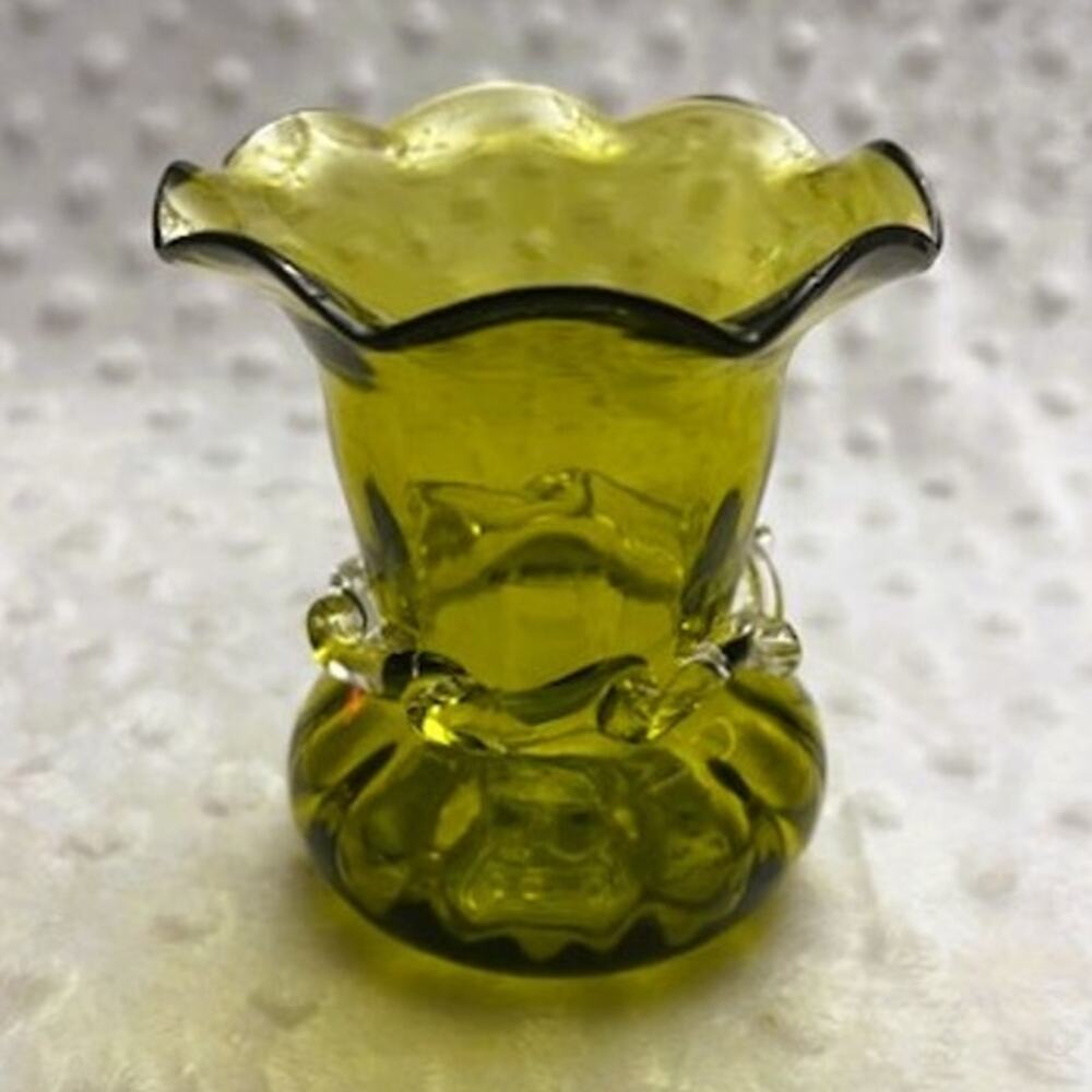 Vintage MCM Handblown Olive Green Scalloped 3.5" Vase w/Pinch Twist Band Accent